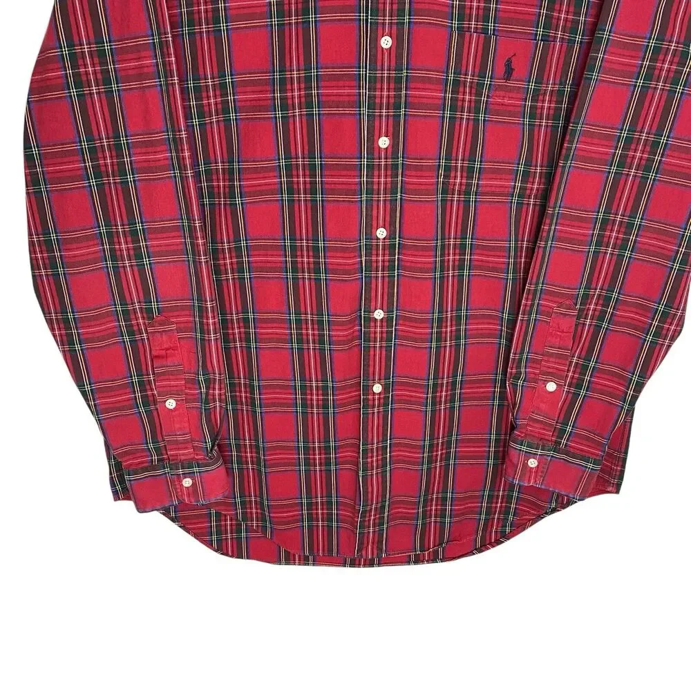 Vtg Polo Ralph Lauren Big Shirt Mens L Red Button Down Plaid Pony Preppy LS 90s